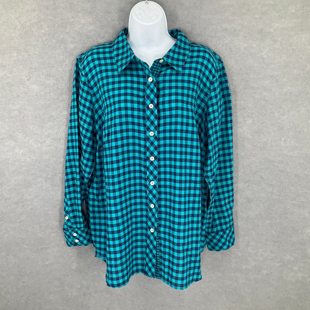 Talbots Plus Size 1X Button Down Shirt Top Teal Blue Check‎ Plaid Cotton Casual